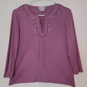 Lilac 3/4s sleeve embroidery and tied blouse